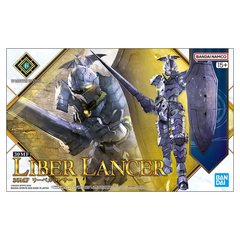 Maquette 30 Minutes Fantasy 30MF Liber Lancer avec armure bleu sombre, grande lance et bouclier sur fond blanc.