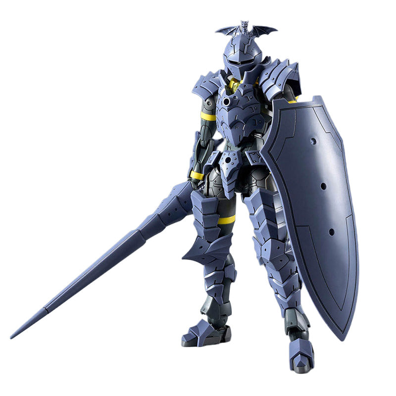 Maquette 30 Minutes Fantasy 30MF Liber Lancer avec armure bleu sombre, grande lance et bouclier sur fond blanc.