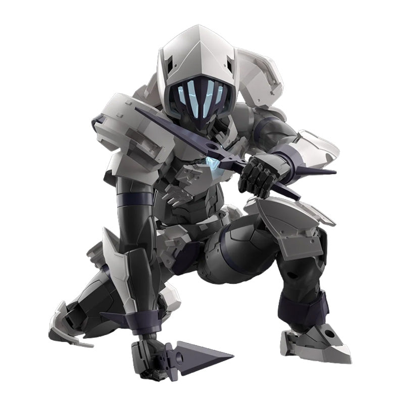 Maquette 30 Minutes Fantasy 30MF Rosan Assassin en armure grise et noire, accroupie avec lames courtes sur fond blanc.