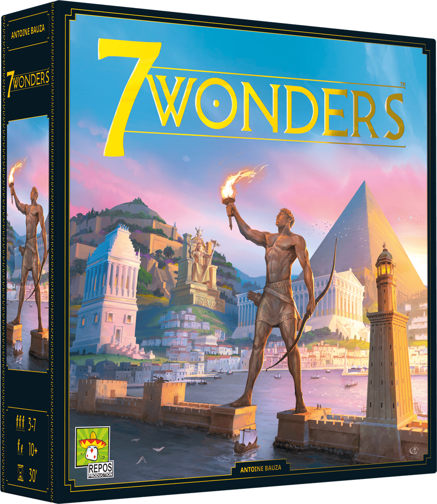 Boîte du jeu de société 7 Wonders avec illustration de cité antique, statue, phare et pyramide sur fond de ciel coloré.