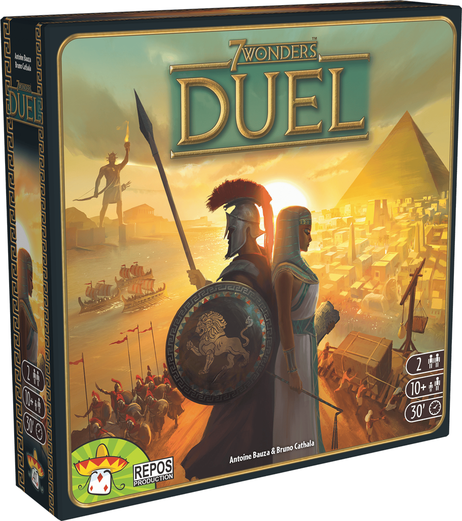 Boîte du jeu 7 Wonders Duel avec guerrier grec, personnage égyptien, pyramides et cité antique au coucher du soleil.