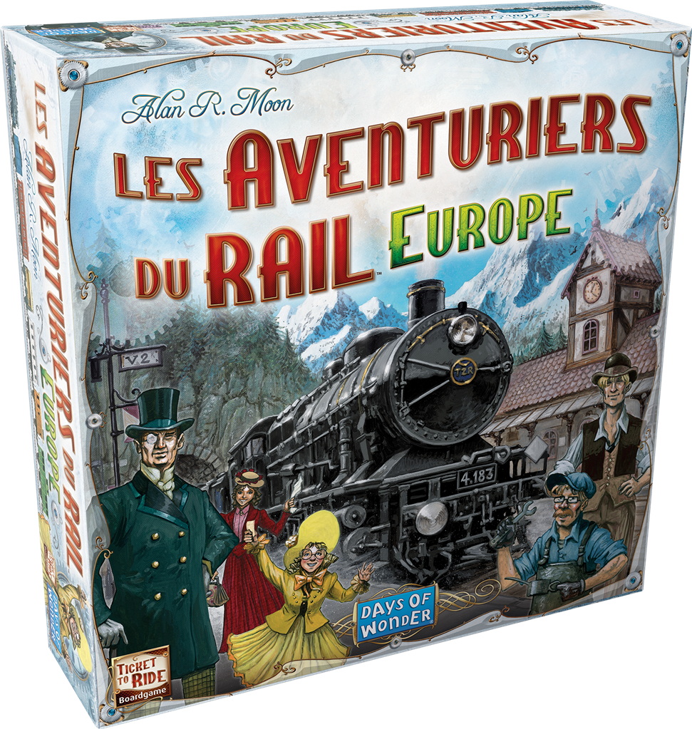 Boîte du jeu Les Aventuriers du Rail Europe avec locomotive noire, gare de montagne et personnages en tenue rétro.