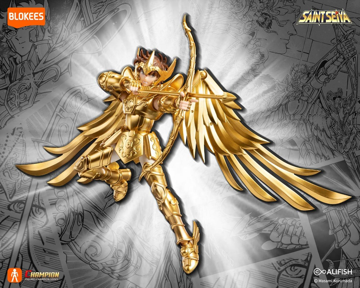 Figurine Saint Seiya Champion Class Sagittarius Aiolos par Blokees avec armure dorée, ailes déployées et arc en position de tir.