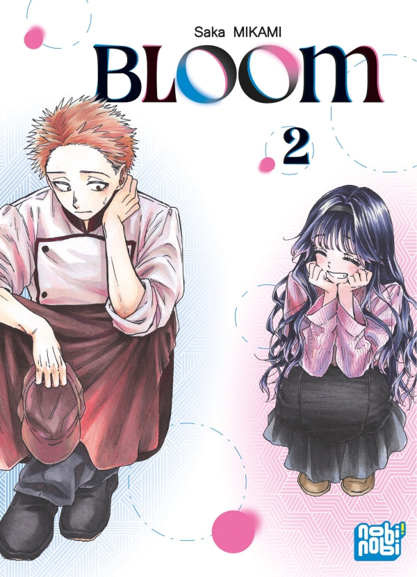 manga Bloom Tome 2 montrant un garçon en tenue de serveur regardant timidement une fille aux longs cheveux noirs, assise et souriante.