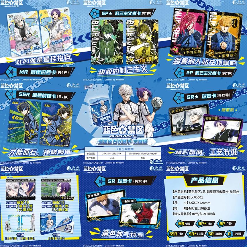 booster de cartes Blue Lock édité par Cartes Blue Lock, présentant diverses raretés et personnages du manga.