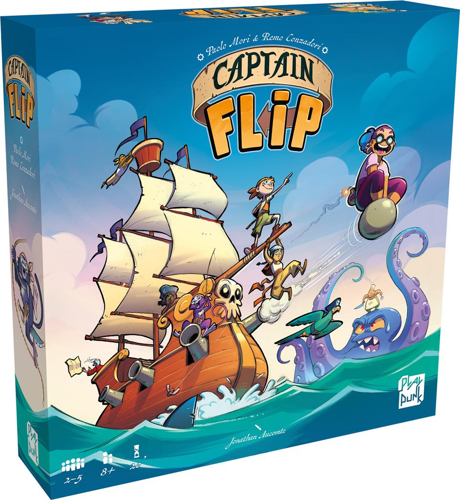 Boîte du jeu Captain Flip avec bateau pirate, personnages bondissants, tentacules et monstre marin dans un univers coloré.