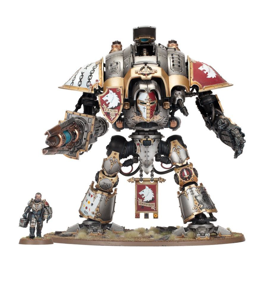 Boîte du Knight Preceptor Canis Rex pour Warhammer 40,000. Ce kit permet de monter un Imperial Knight personnalisable avec diverses options d’armement, ainsi que la figurine de Sir Hekhtur, son pilote légendaire.