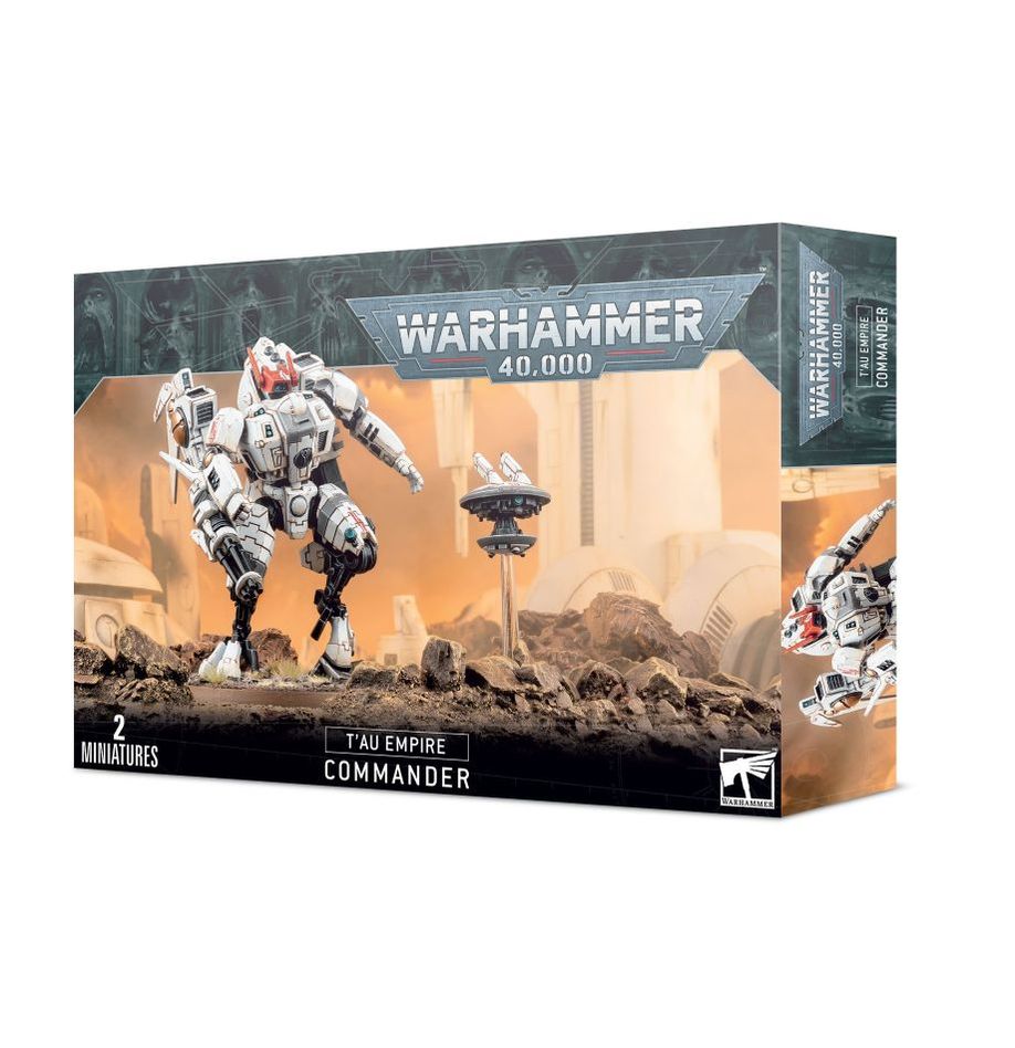 Boîte du T’au Commander pour Warhammer 40,000. Ce kit permet de monter un chef de guerre T’au en exo-armure avancée, avec diverses options d’armement et un drone de soutien.