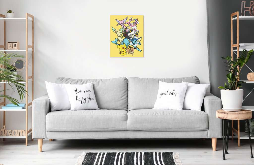 CreArt Ravensburger Pokémon Pikachu & Évoli, peinture par numéros 24 x 30 cm avec Pikachu, Évoli et plusieurs Évolitions sur fond jaune.