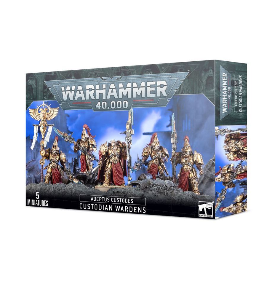 Boîte de figurines Warhammer 40K Custodian Wardens, contenant 5 soldats des Adeptus Custodes en armure dorée, avec lances et haches, prêts à défendre l’Empereur.