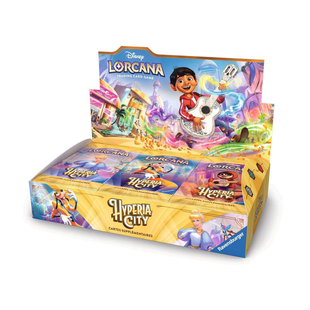 Display Disney Lorcana Hyperia City contenant 24 boosters de cartes, avec illustration de Miguel de Coco, Cendrillon et plusieurs personnages Disney sur un décor urbain coloré.