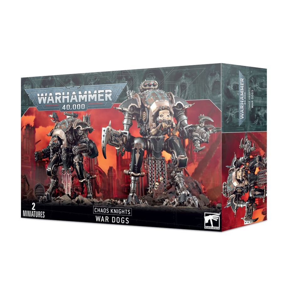 Boîte Warhammer 40,000 Chaos Knights : War Dogs, 2 figurines Citadel de machines démoniaques corrompues.