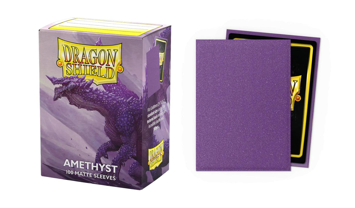 Boîte Dragon Shield Matte Sparkle Amethyst contenant 100 protège-cartes standard violets scintillants avec finition mate.