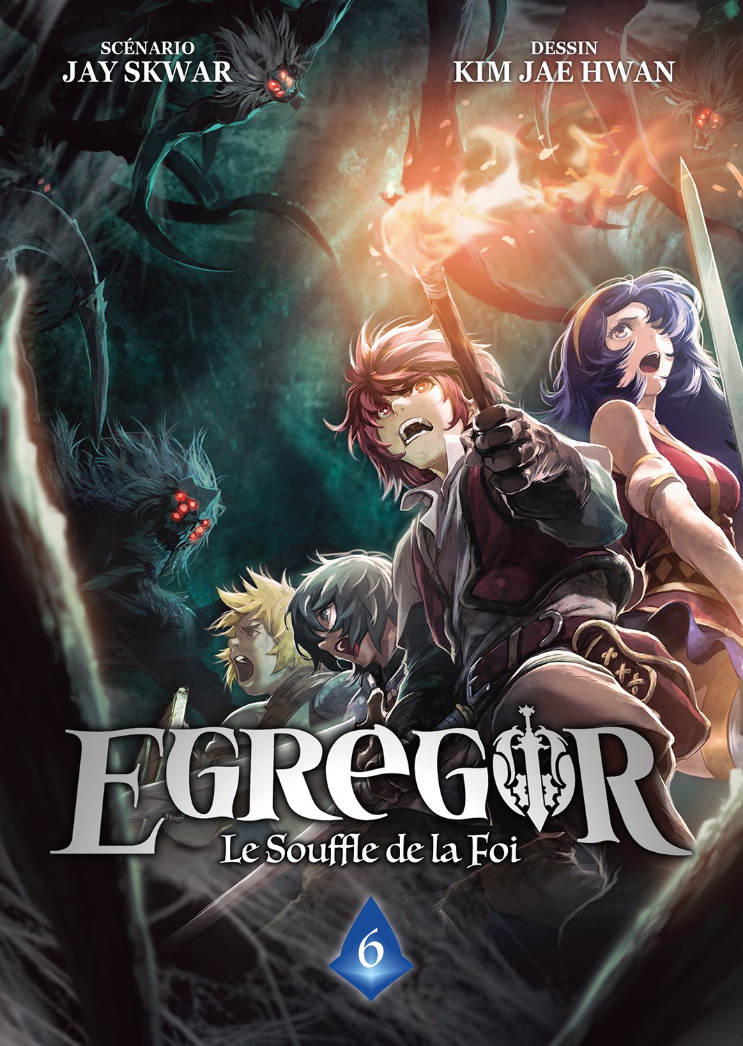 manga Egregor – Le Souffle de la Foi, mettant en scène un jeune héros déterminé entouré de mystérieux ennemis au design sombre et fantastique.