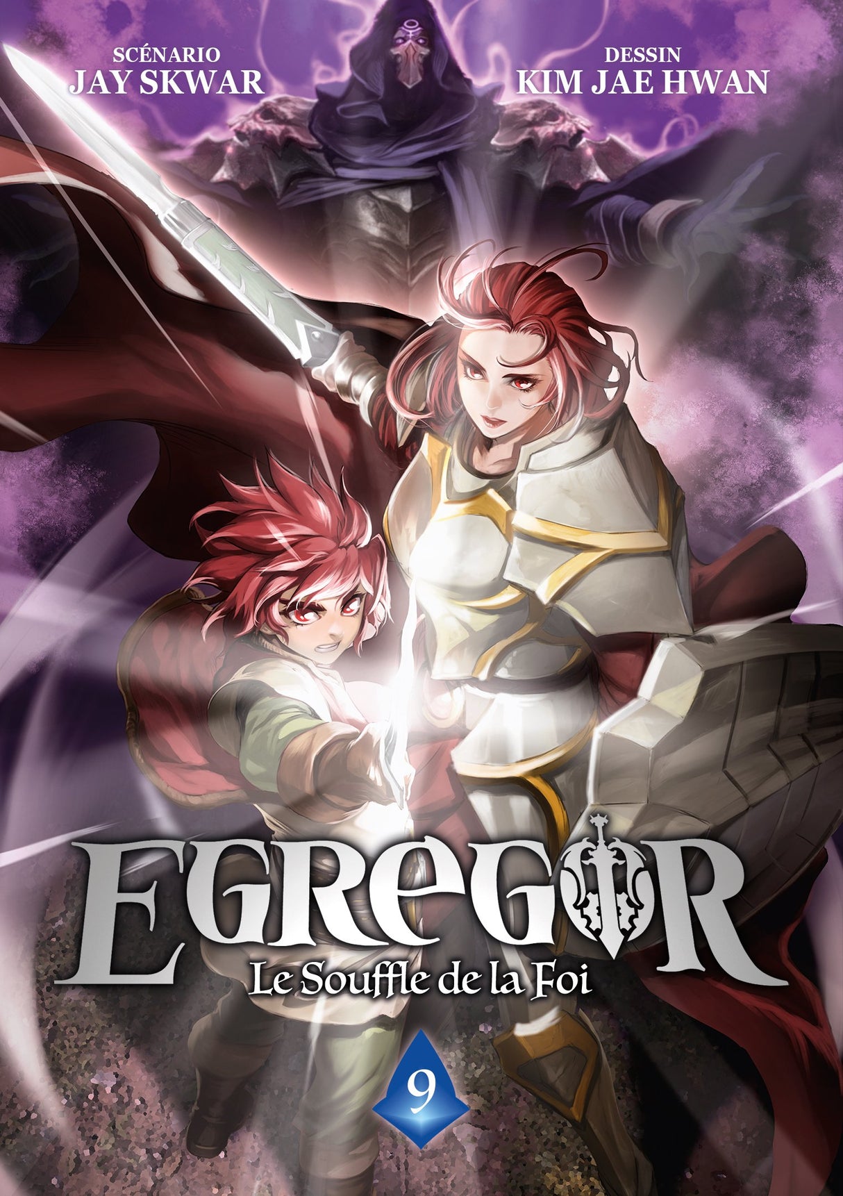 manga Egregor – Le Souffle de la Foi, mettant en scène un jeune héros déterminé entouré de mystérieux ennemis au design sombre et fantastique.