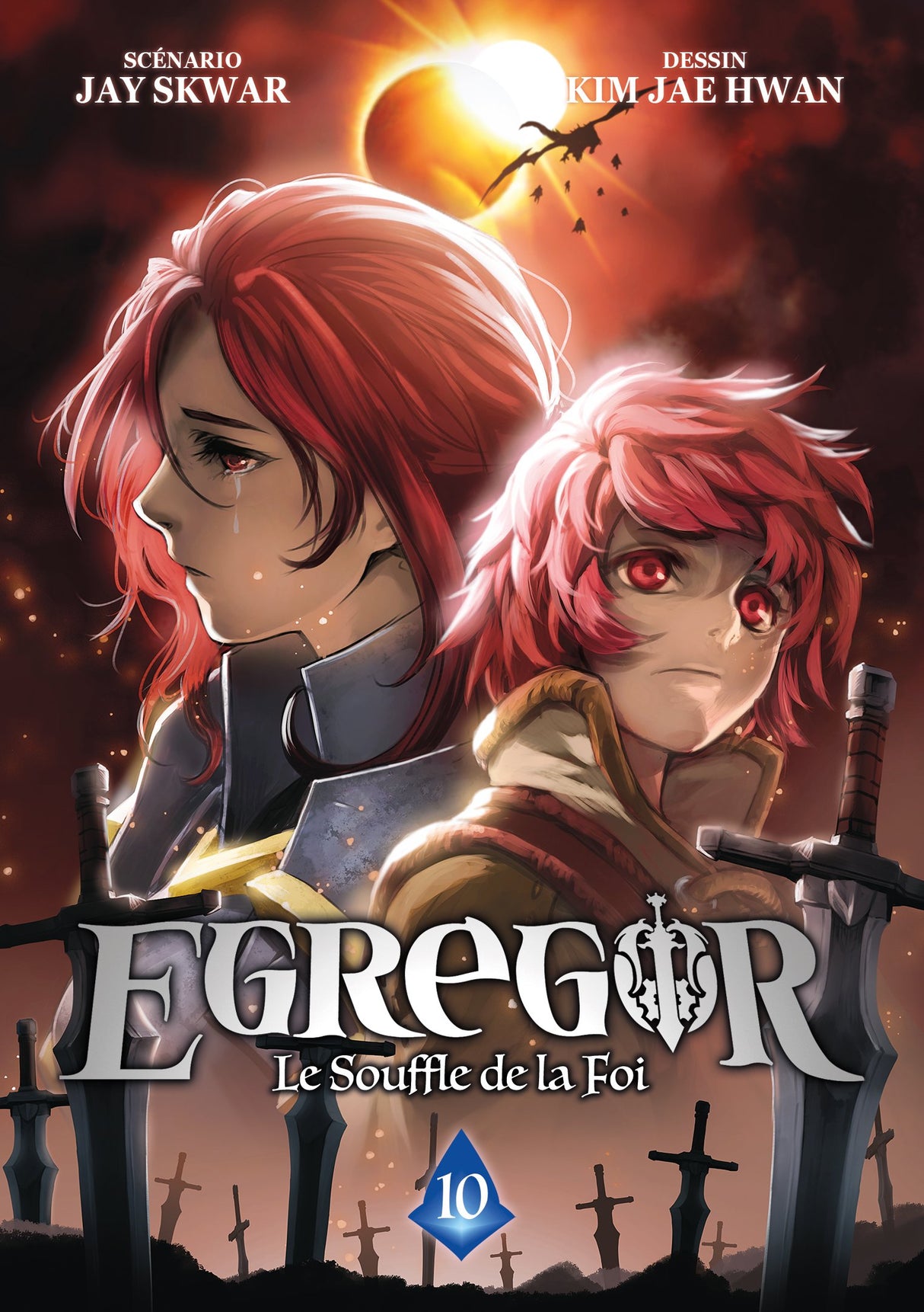 manga Egregor – Le Souffle de la Foi, mettant en scène un jeune héros déterminé entouré de mystérieux ennemis au design sombre et fantastique.