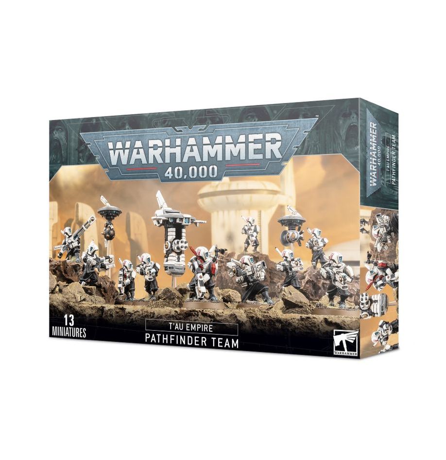 Boîte de l’Équipe de Cibleurs T’au (Pathfinder Team) pour Warhammer 40,000. Ce kit contient 10 figurines de Pathfinders, accompagnées de drones de soutien et d’un poste d’observation avancé pour des missions de reconnaissance tactique.