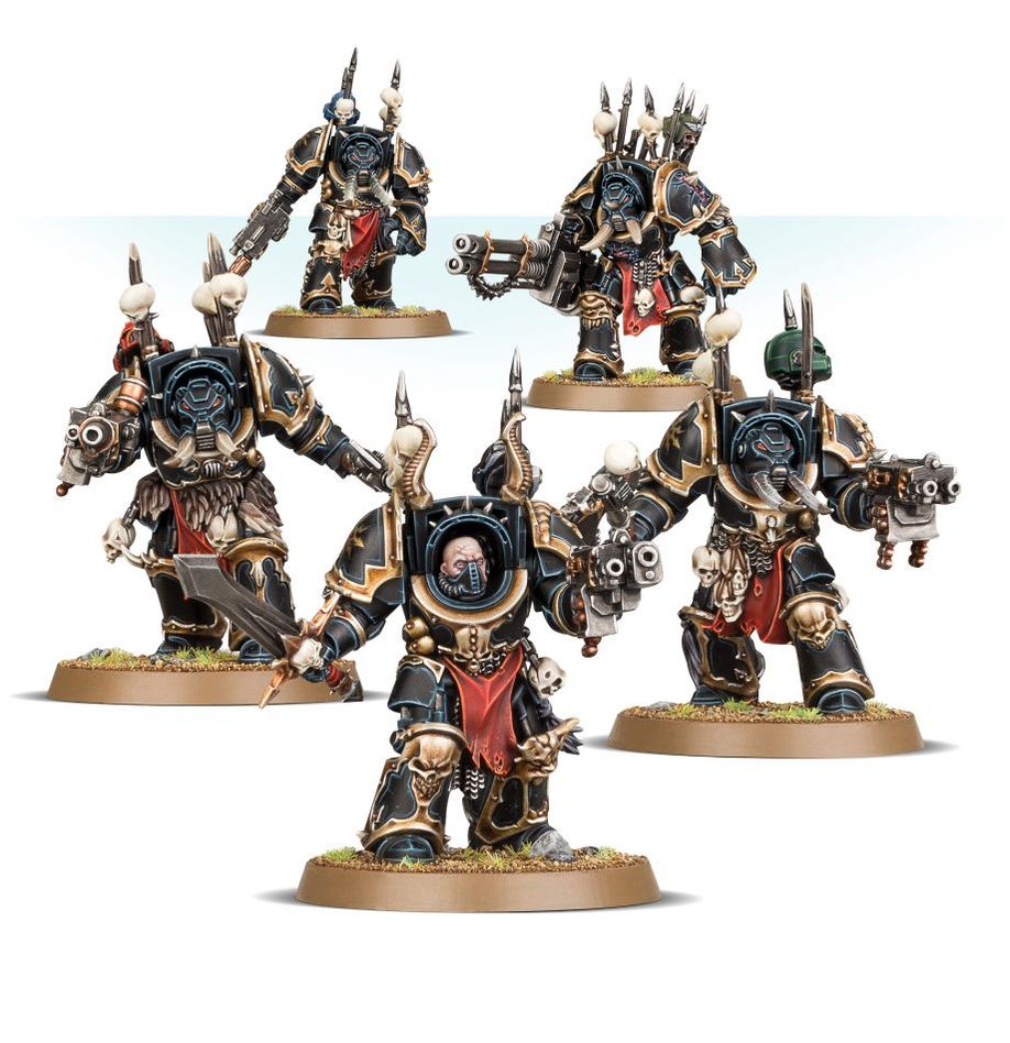 Boîte de figurines Terminators du Chaos pour Warhammer 40K, avec 5 miniatures imposantes et suréquipées.
