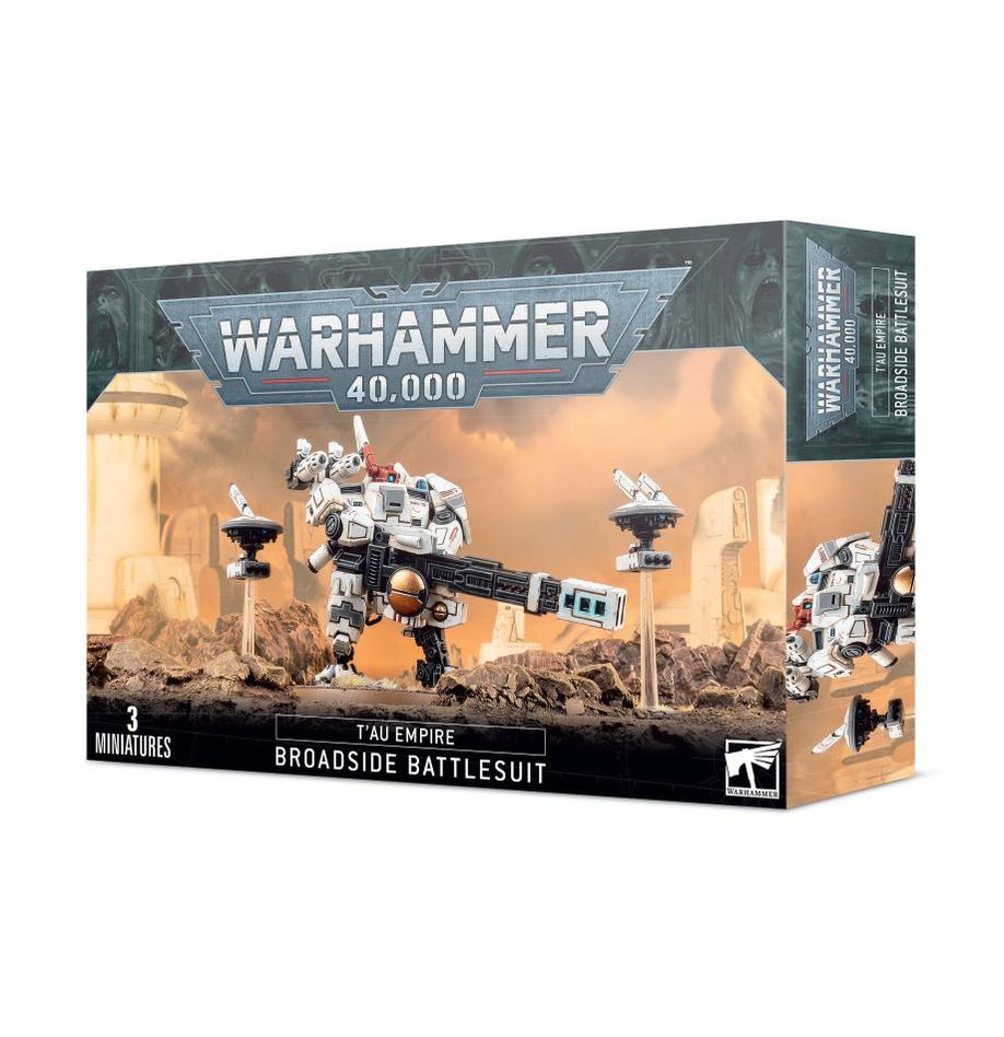 Boîte de l’Exo-armure Broadside XV88 pour Warhammer 40,000. Ce kit contient une exo-armure lourde T’au spécialisée dans le tir à longue portée, accompagnée de drones de soutien.