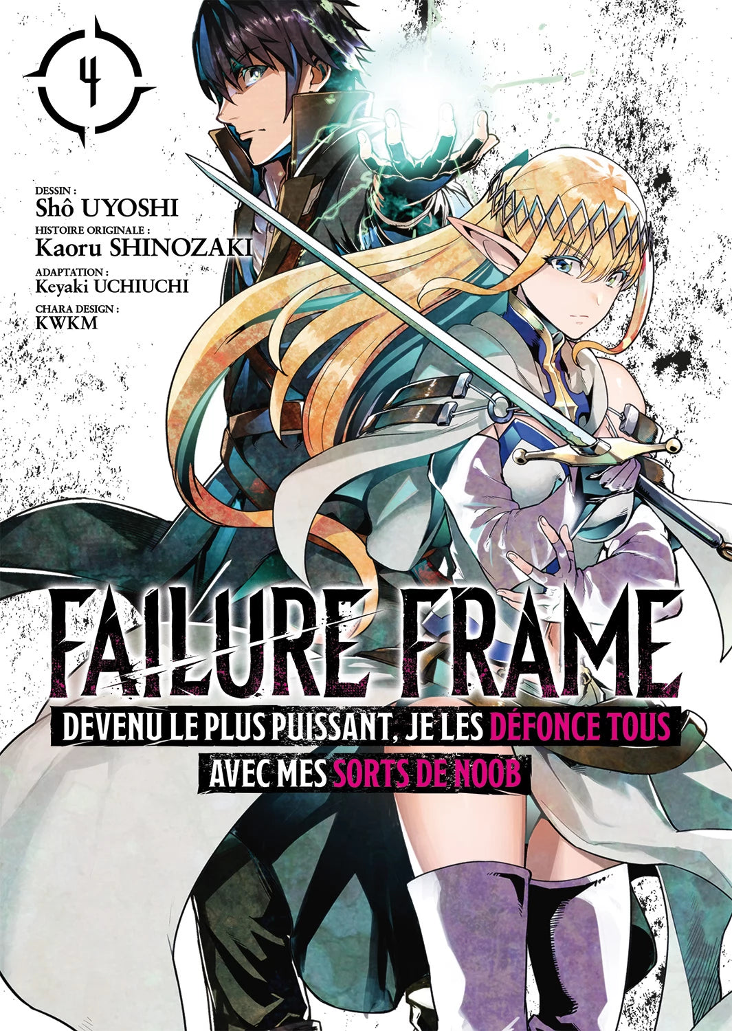 manga Failure Frame tome 4, montrant le héros tenant une boule d’énergie magique et une guerrière elfe blonde armée d’une épée.