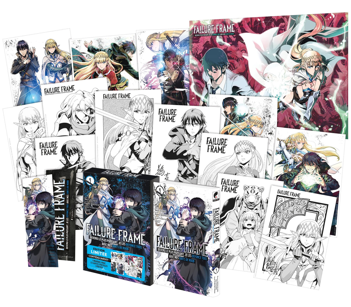 manga Failure Frame tome 9, montrant le héros préparant un sort magique noir tandis qu’une elfe guerrière brandit son épée.