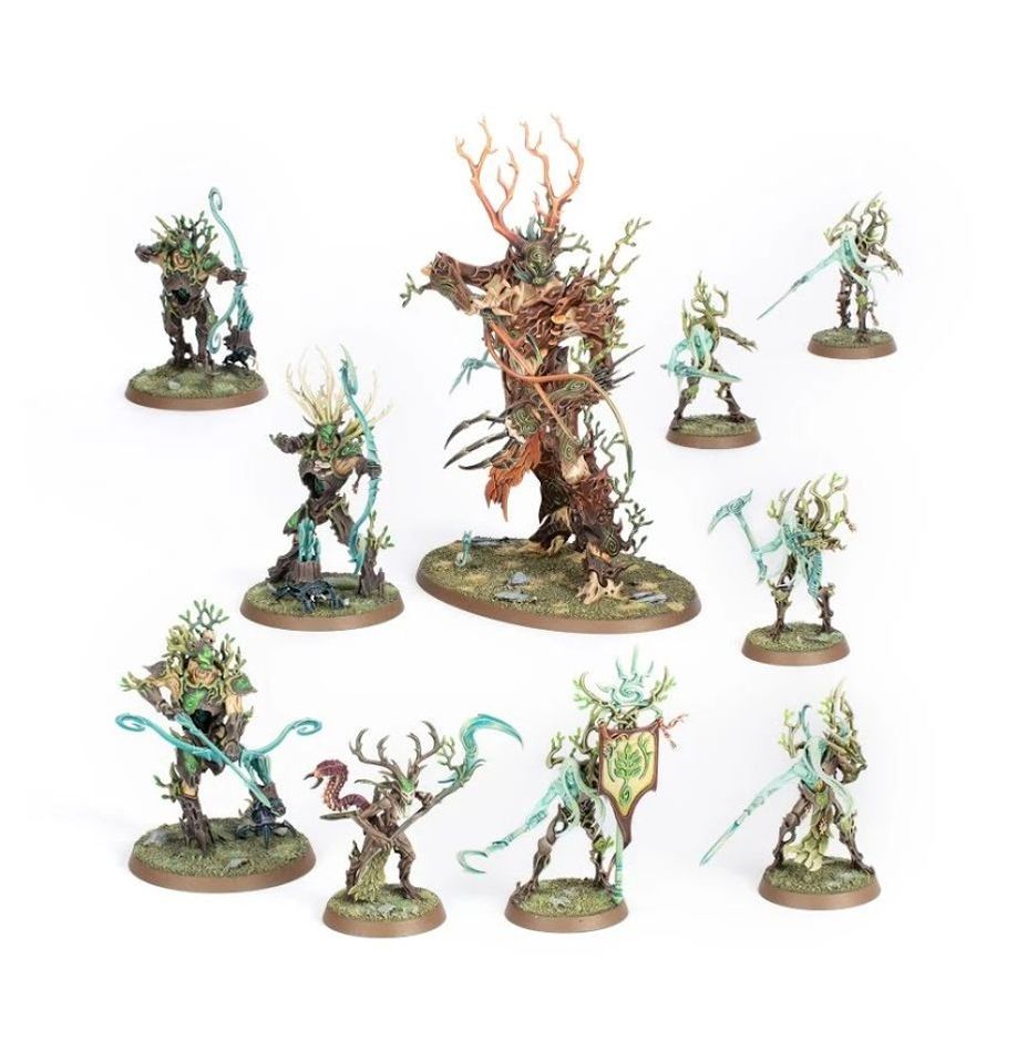 Boîte Warhammer Age of Sigmar Spearhead Sylvaneth contenant 10 figurines d’esprits sylvestres : Treelord, Dryads et unités spectrales