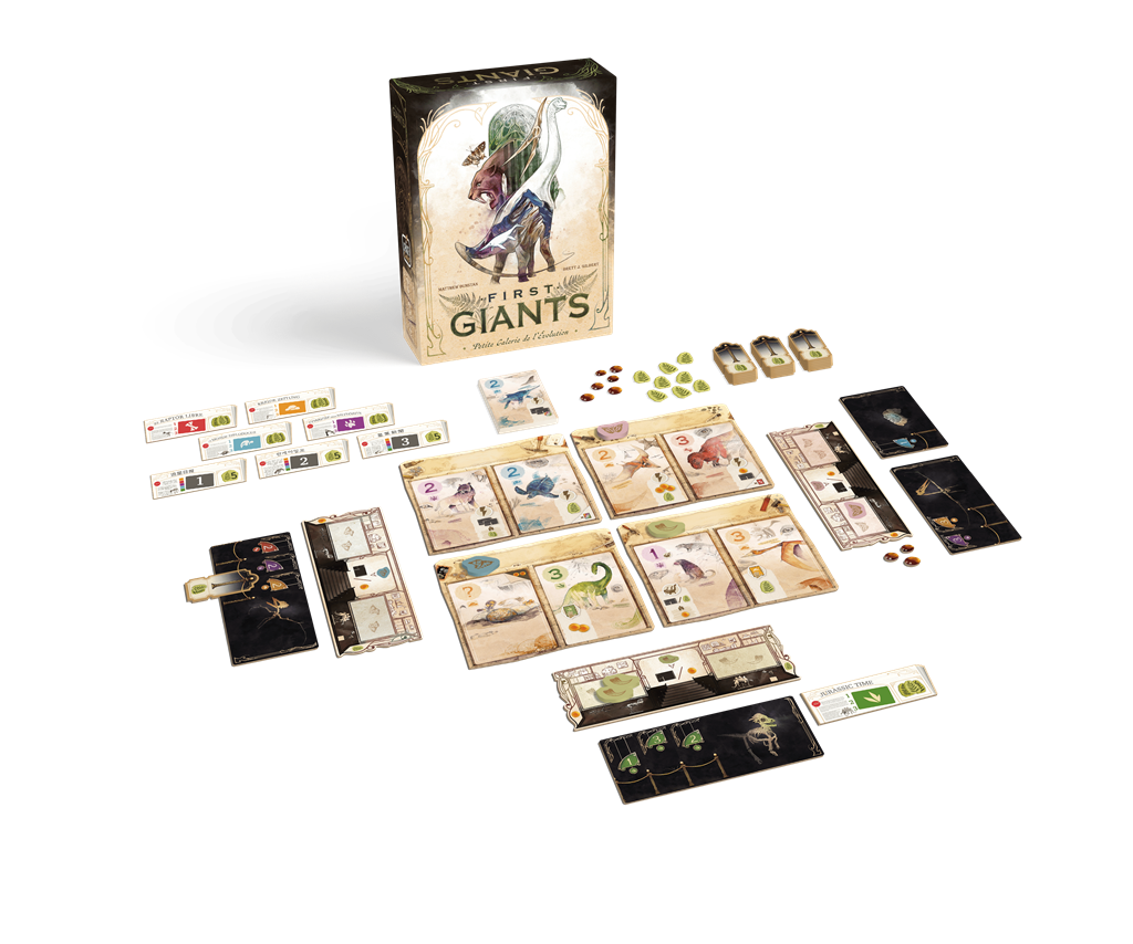 Boîte du jeu First Giants avec illustration d’animaux préhistoriques stylisés, dont un dinosaure, un mammouth et un ptérosaure.