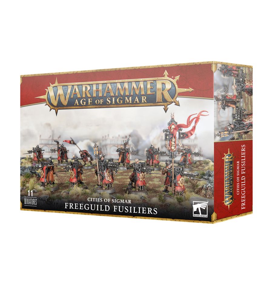 Boîte de figurines Warhammer Age of Sigmar – Freeguild Fusiliers des Cities of Sigmar, unité de tir composée de 11 soldats en armure armés de fusils longs.