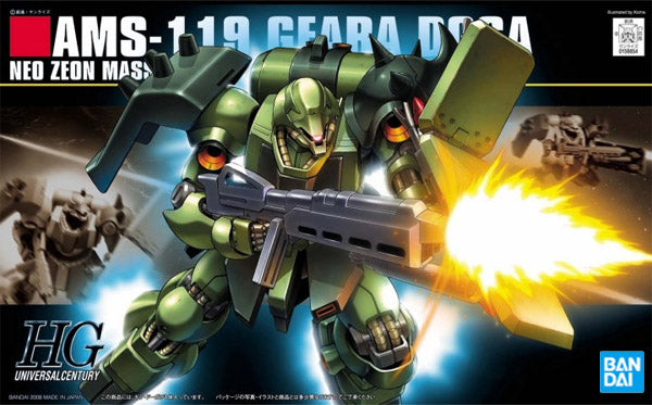 Gunpla HG 1/144 AMS-119 Geara Doga vert et noir avec fusil et grand bouclier, modèle Bandai de Char’s Counterattack.