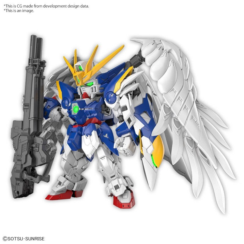 Gunpla MGSD Wing Gundam Zero EW – modèle super deformed avec ailes blanches, armement complet et design détaillé inspiré de Endless Waltz