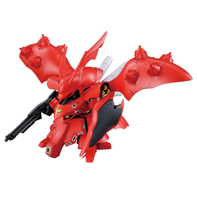 Gunpla SD Cross Silhouette MSN-04II Nightingale rouge, modèle stylisé avec grandes ailes et fusil, kit Bandai.