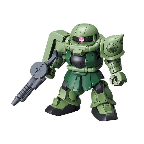 Gunpla SDCS Zaku II – maquette chibi verte du mobile suit de Zeon avec mitrailleuse et armure emblématique