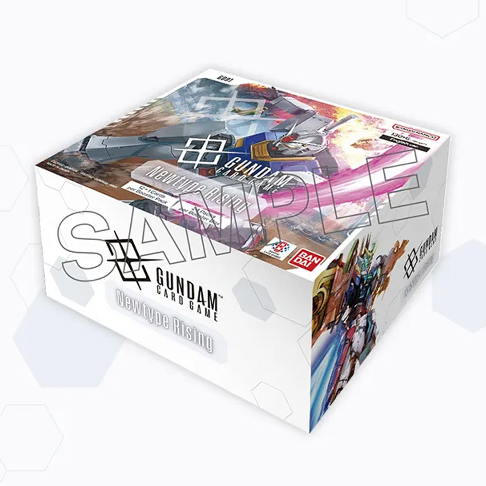 Boîte de boosters "Newtype Rising" du jeu de cartes Gundam Card Game par Bandai, contenant 24 boosters avec illustrations de Mobile Suits.