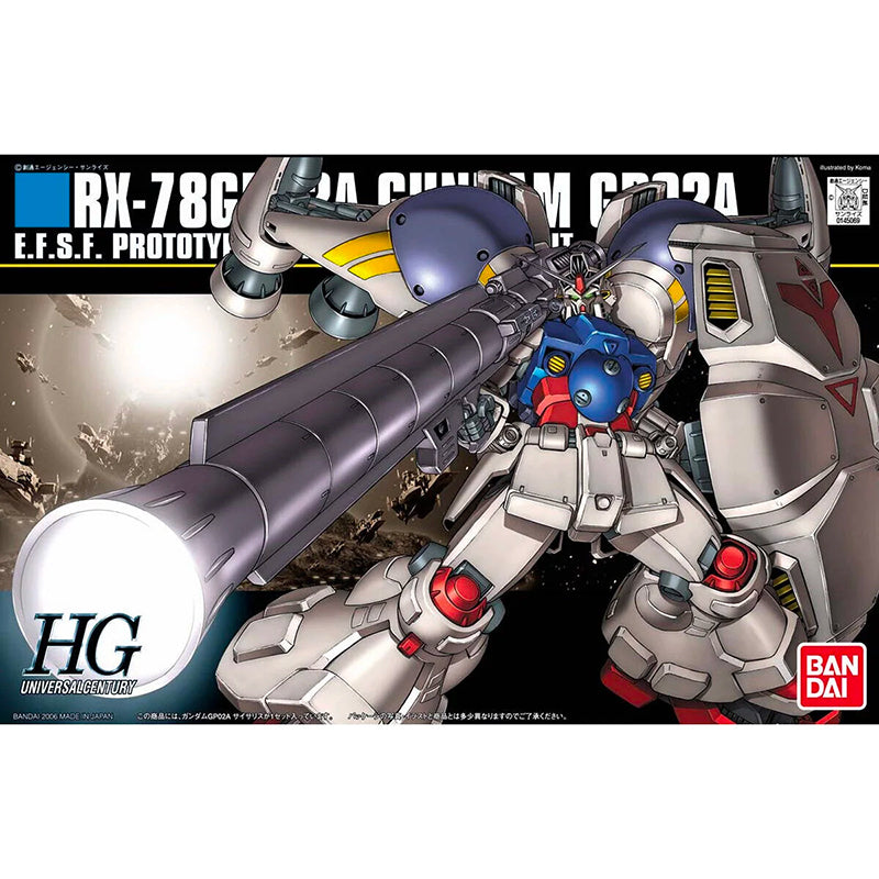 Maquette Gundam Gunpla HG 1/144 RX-78GP02A Physalis, Mobile Suit blanc et bleu avec lance-bazooka imposant, grand bouclier, épaulières massives et détails rouges et jaunes.