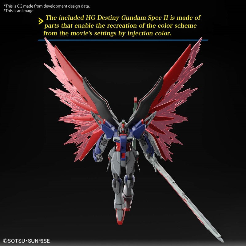 Maquette Gunpla HG 1/144 Destiny Gundam Spec II & Zeus Silhouette avec armement géant, ailes rouges et blanches sur fond blanc.