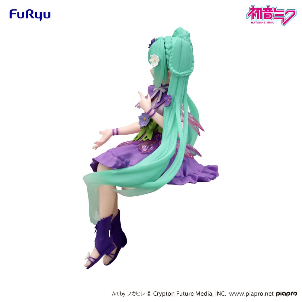Figurine Hatsune Miku Flower Fairy Cosmos Purple assise avec robe violette et fleurs décoratives cheveux turquoise