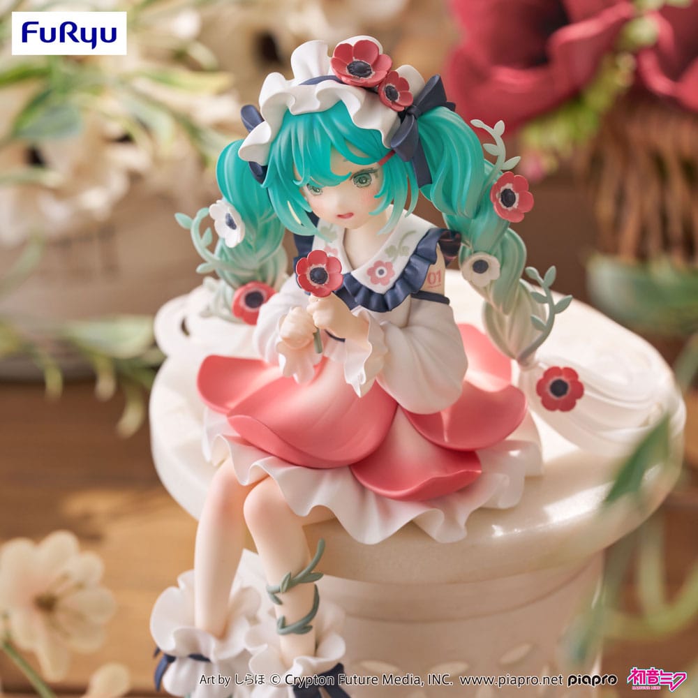 Figurine PVC Hatsune Miku Flower Fairy Anemone de 14 cm, version Noodle Stopper par FuRyu, représentant Miku assise dans une tenue florale pastel.