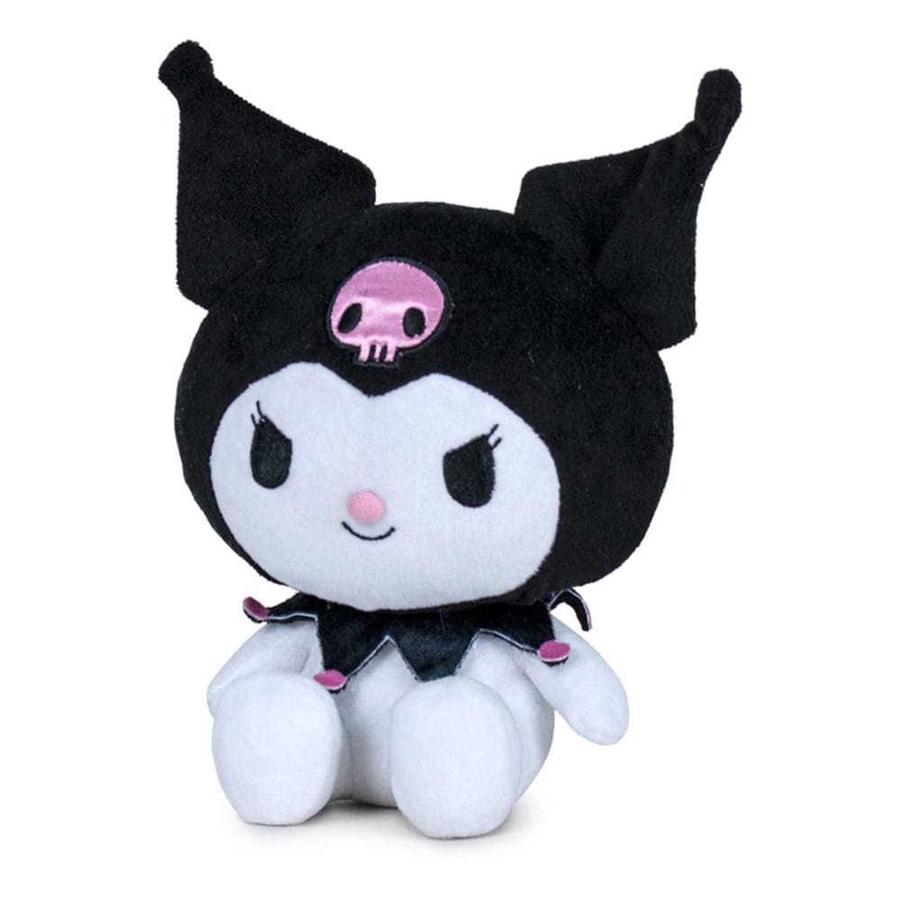 Peluche Kuromi de 30 cm, personnage Sanrio, vêtue d’une capuche noire avec un crâne rose et un col à pointes décoré de petits détails roses.
