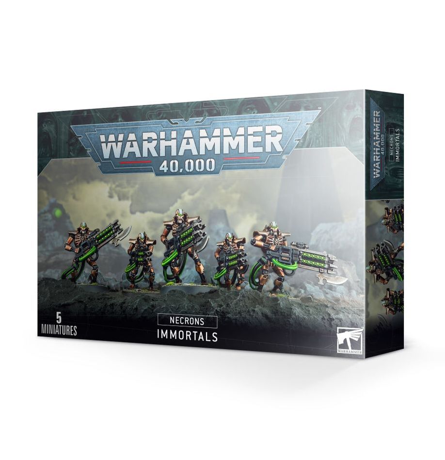 Boîte de figurines Immortels Nécrons pour Warhammer 40K, comprenant 5 soldats d’élite équipés de fusils Tesla et de carabines Gauss.