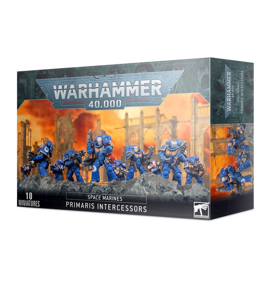 Boîte de figurines Warhammer 40,000 Primaris Intercessors – Space Marines en armure bleue avec fusils bolters
