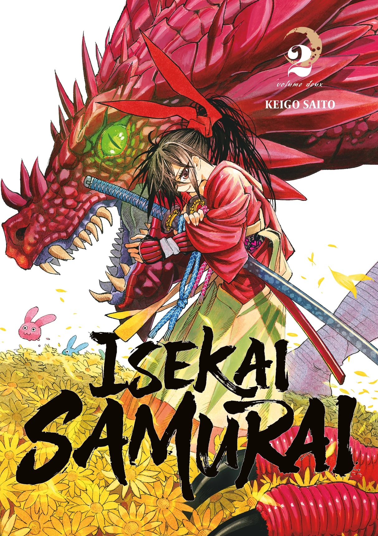 Couverture du manga « Isekai Samurai » tome 2 de Keigo Saitō. Une jeune femme samouraï en kimono rouge tient son katana, prête à combattre, devant un énorme dragon rouge à l’œil vert brillant. À l’arrière-plan, un champ de fleurs jaunes et deux petits lapins colorés.