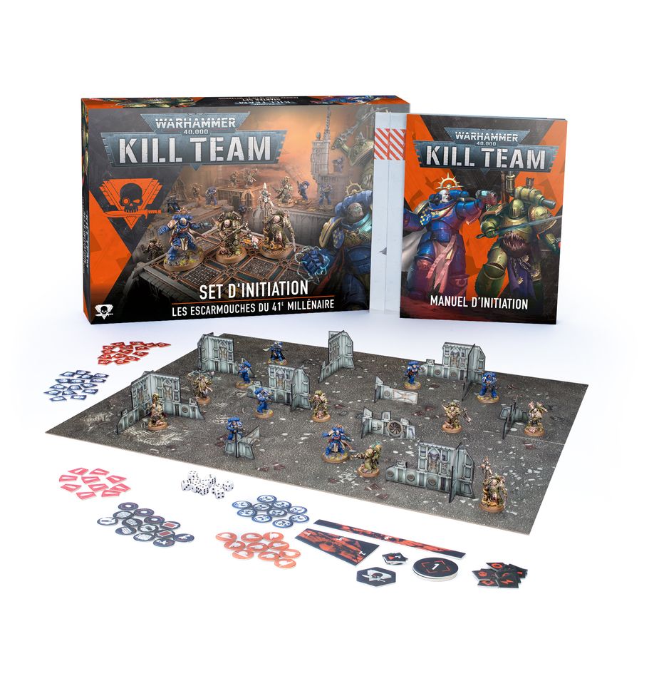 Boîte du Kill Team – Set d’Initiation pour Warhammer 40,000. Ce kit contient 10 figurines, un manuel de règles simplifiées, un plateau de jeu, des décors, et tous les accessoires nécessaires pour débuter Kill Team.