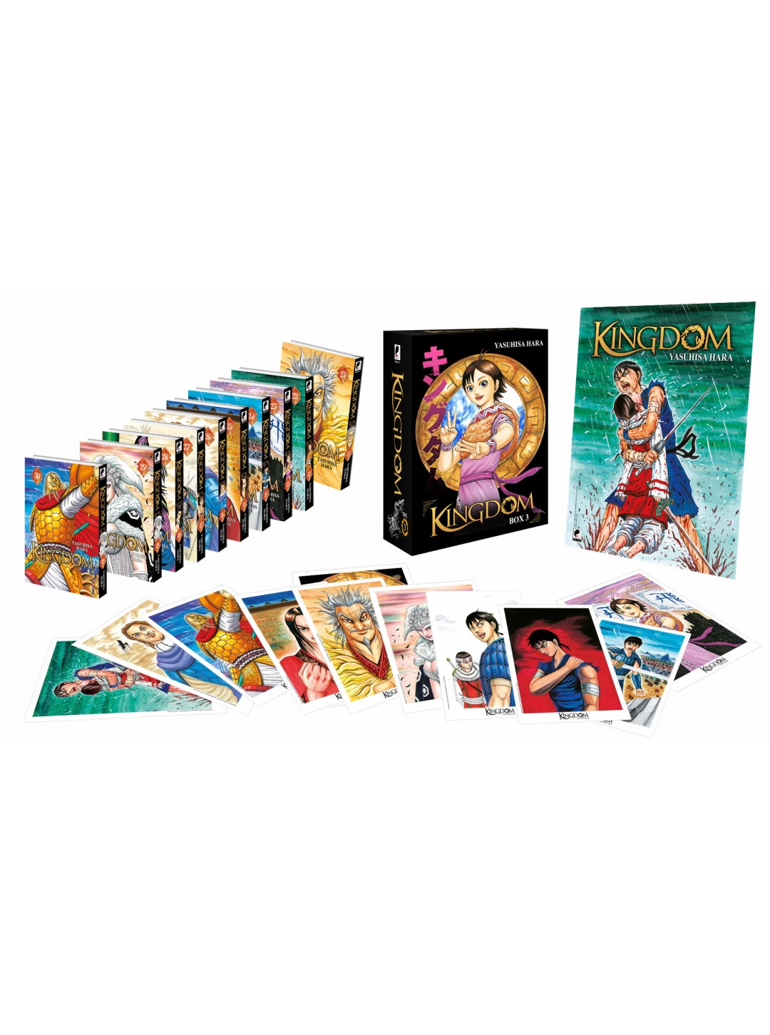 Coffret collector Kingdom Box 3 – tomes 21 à 30 avec illustration d’un personnage souriant faisant un signe de paix, série de Yasuhisa Hara.