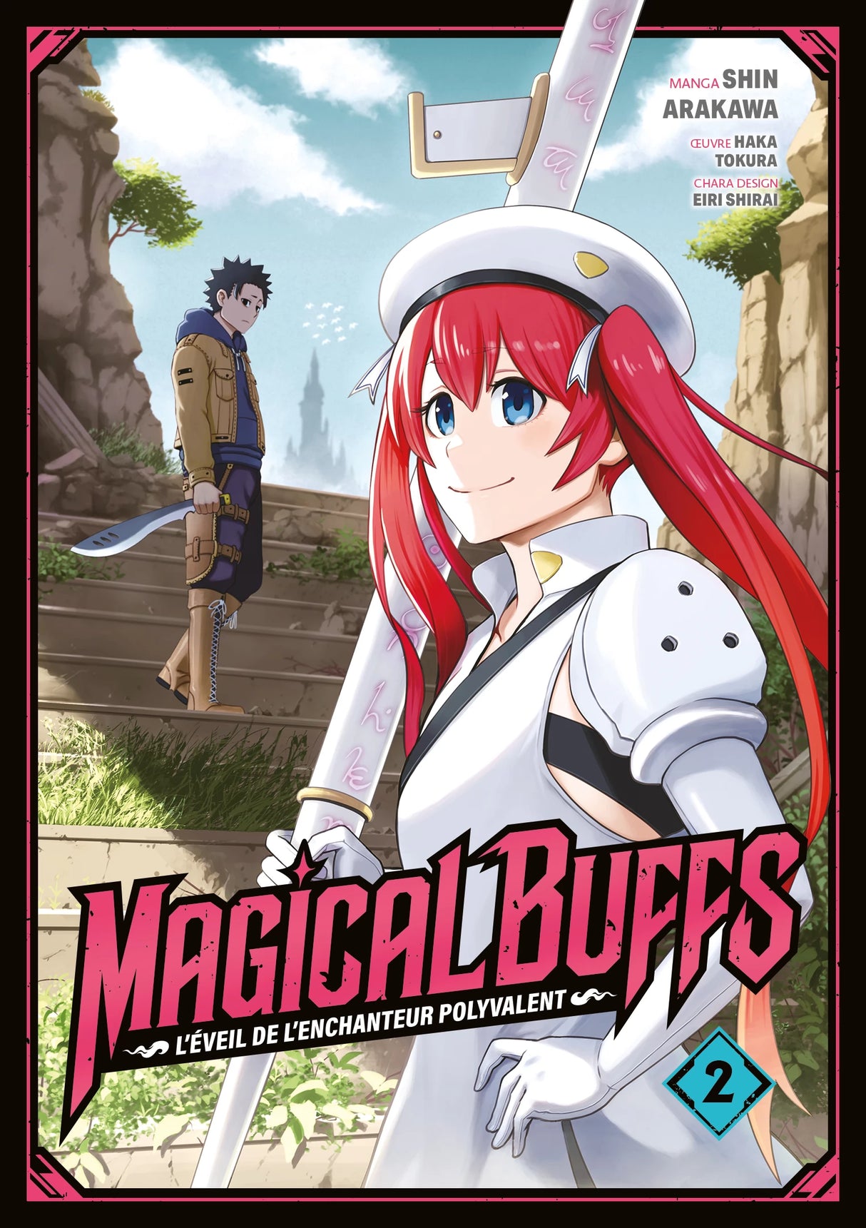 Couverture du manga Magical Buffs tome 2. Au premier plan, une jeune femme souriante aux longs cheveux rouges, portant une tenue blanche futuriste et tenant un grand bâton. En arrière-plan, un garçon aux cheveux noirs avec une veste beige et un sabre l’observe. Titre en bas : Magical Buffs — L’éveil de l’enchanteur polyvalent.