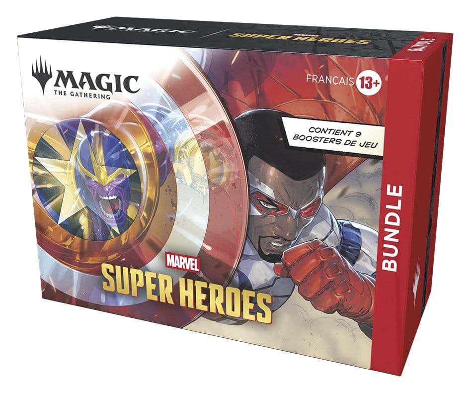 Bundle Magic: The Gathering Marvel Super Heroes en français avec 9 boosters de jeu, illustré avec Captain America, Thanos et Falcon.
