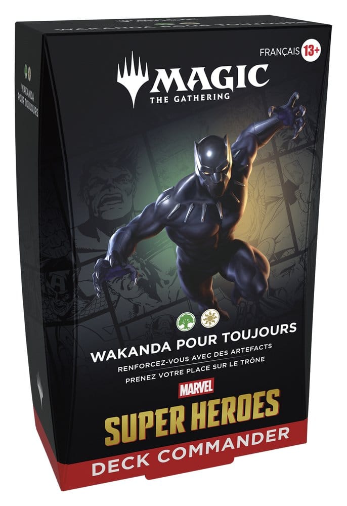Boîte du Deck Commander Magic: The Gathering Marvel Super Heroes Wakanda pour Toujours en français avec Black Panther sur fond sombre.