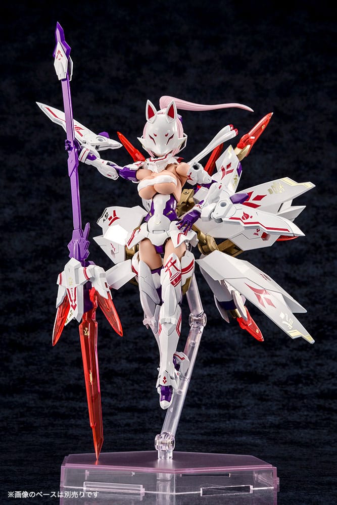 Plastic Model Kit Megami Device Asra Nine-Tails 1/1 de 14 cm, figurine mecha girl rose avec armure blanche, rouge et violette et grandes armes.
