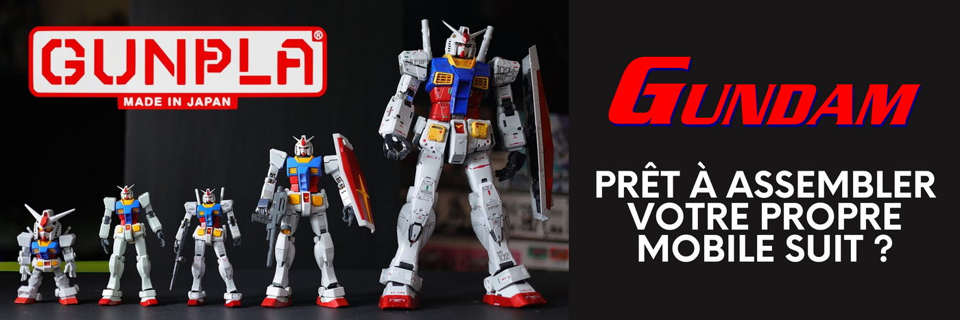 Bannière promotionnelle Gundam – Découvrez l’univers des maquettes Gunpla ! Une collection impressionnante de Mobile Suits en kit, du plus petit au plus grand modèle. Prêt à assembler votre propre Gundam et à plonger dans l’art du modélisme ?