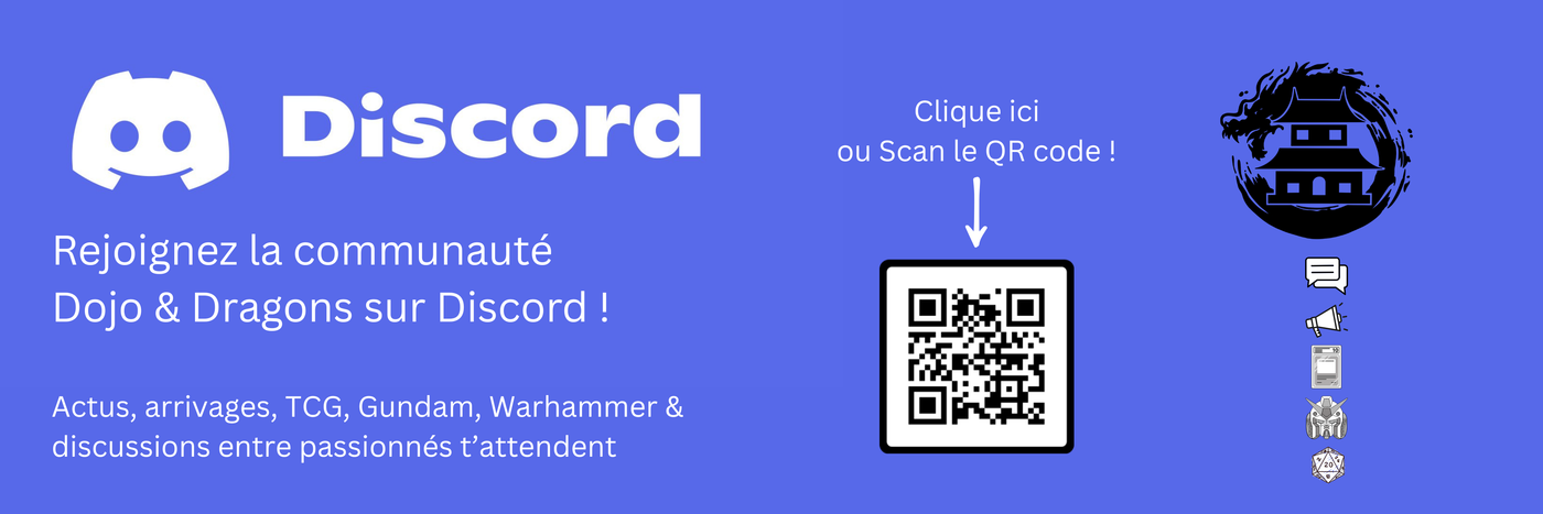 Rejoignez le serveur Discord de Dojo & Dragons – communauté TCG, Gundam, Warhammer et actualités, QR code inclus pour un accès rapide