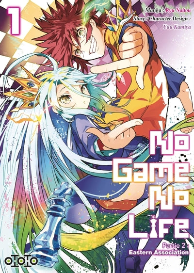 manga No Game No Life Eastern Association Tome 1 avec Sora et Shiro en tenue colorée, tenant une pièce d’échec géante et prêts pour un nouveau défi.